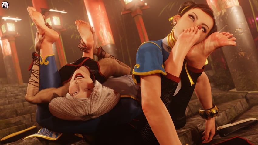 2girls a.k.i. chun-li defeated feet flexible foot_fetish multiple_girls ryona-ashi smelly_feet soles street_fighter street_fighter_6 toes wrestling yuri