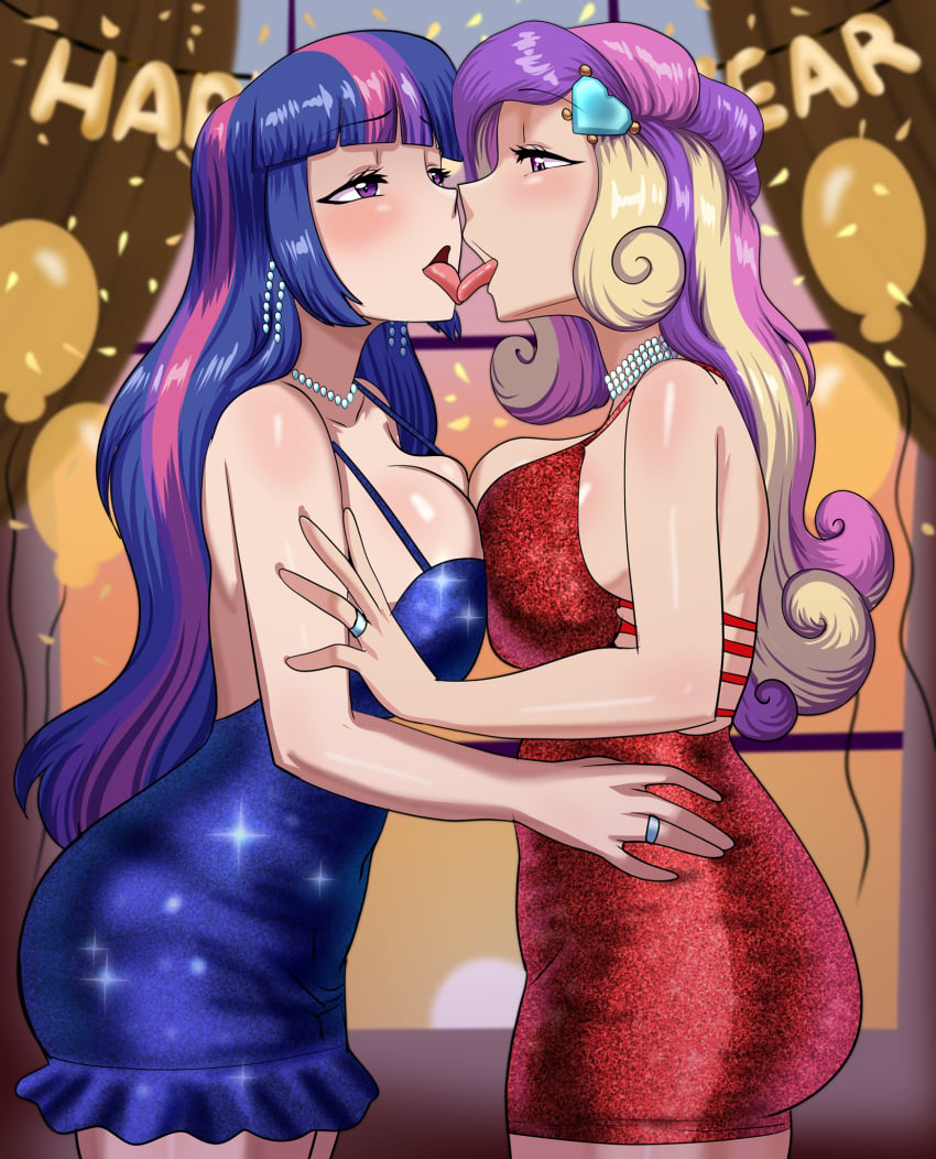 2girls big_breasts big_butt cogbrony dress earrings equestria_girls fancy_clothing french_kiss french_kissing friendship_is_magic hand_on_arm hand_on_waist hasbro humanized in_love jewelry kissing lesbian_couple lesbian_kiss lidded_eyes my_little_pony new_year_2024 new_years_eve pearl_earrings pearl_necklace princess_cadance_(mlp) tongue tongue_kiss tongue_out twilight_sparkle_(mlp) yuri