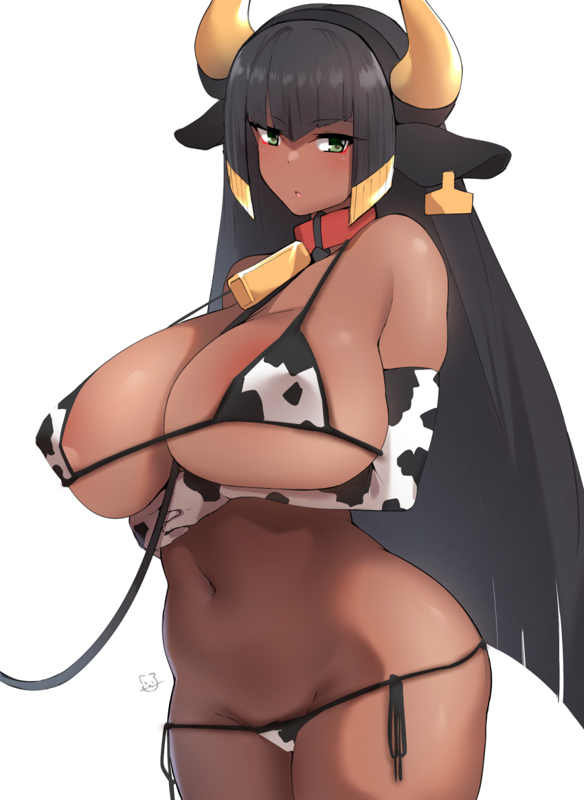 1girls animal_ears animal_print areola_slip areolae arms_under_breasts bangs bare_shoulders bell big_breasts bikini black_hair blunt_bangs blunt_ends blush breasts collar cow_horns cow_print cow_print_bikini cowbell cowboy_shot dark-skinned_female dark_skin egyptian elbow_gloves elf eyebrows_visible_through_hair eyeshadow fake_horns female gloves green_eyes hi_res hime_cut horns huge_breasts jewelry kuronyan last_origin leash long_hair looking_at_viewer lowleg lowleg_bikini makeup micro_bikini navel open_mouth own_hands_together parted_lips red_collar red_eyeshadow sekhmet_of_death side-tie_bikini sidelocks simple_background skindentation solo standing strap_gap swimsuit two-tone_hair very_long_hair white_background