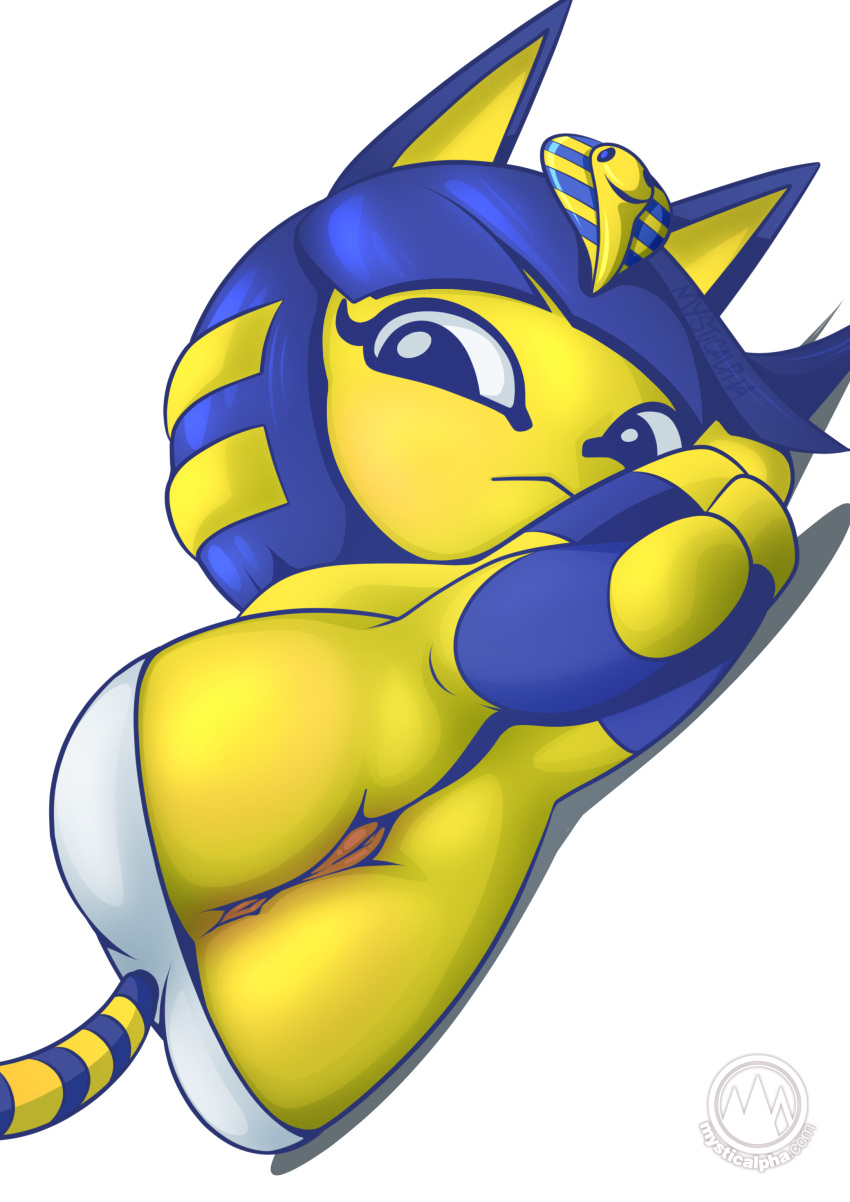 1girls 2023 animal_crossing ankha anthro anthro_only anus ass blue_eyes blue_hair cat_ears cat_tail domestic_cat dutch_angle feline female female_only furry furry_only hi_res lying mysticalpha nintendo no_panties on_side pussy short_hair small_breasts solo tail uraeus watermark white_background yellow_body yellow_fur