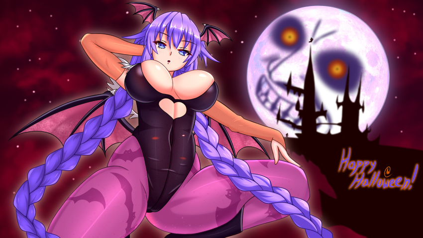 1girls animal_print bat_print bat_wings big_breasts black_footwear blue_eyes blush boots braid breasts bridal_gauntlets cleavage clothing clothing_cutout commentary cosplay crossover darkstalkers demon_girl english_commentary expirednepbull female female_only hair_between_eyes halloween head_wings heart_cutout highleg highleg_leotard highres huge_breasts knee_boots large_breasts leotard long_hair looking_at_viewer low_wings majora's_mask morrigan_aensland morrigan_aensland_(cosplay) neptune_(neptunia) neptunia_(series) open_mouth pantyhose power_symbol print_pantyhose purple_hair purple_heart_(neptunia) purple_pantyhose purple_wings sidelocks smile solo spread_legs squatting strapless strapless_leotard symbol-shaped_pupils tanaka_rie the_legend_of_zelda the_legend_of_zelda:_majora's_mask the_moon_(tloz) twin_braids vampire_(game) very_long_hair voice_actor_connection wings