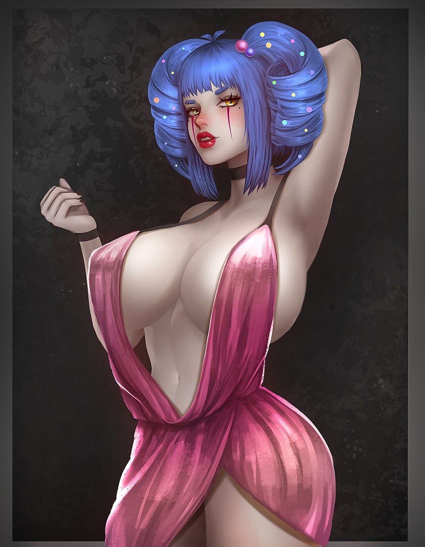 1girls amber_eyes auburn_eyes beauty_mark big_ass big_breasts big_butt blue_eyes blue_hair carisa_(aizurin) choker cleavage cleavage_cutout clothed clothing clown clown_girl clown_makeup dress drill_hair evening_dress evening_gown female female_only flowing_clothing fully_clothed high_quality highres large_breasts looking_at_viewer midriff navel no_bra no_panties red_lipstick revealing_clothes revealing_outfit seductive seductive_look short_dress short_skirt solo tagme thick_ass thick_thighs thighs toned toned_female yellow_eyes