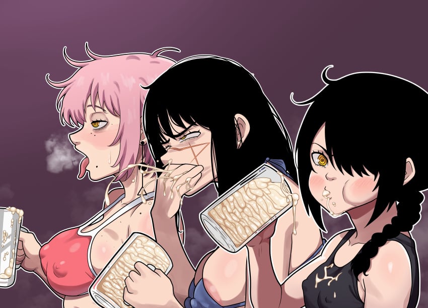 3girls alternate_version_available areolae big_breasts bikini bikini_top black_hair black_shirt blue_bikini blush bodily_fluids braid braided_ponytail breasts burping chainsaw_man cheek_bulge covered_erect_nipples covering_mouth cropped_torso cum cum_drinking cum_drip cum_in_container cum_in_jar cum_in_mouth cum_on_face disgust drinking drinking_cum earrings erect_nipples erect_nipples_under_clothes eyebrows fami_(chainsaw_man) female female_focus female_only flat_chest freshnsfw gokkun hair_over_one_eye half-closed_eyes hand_up high_resolution holding holding_jar jar jewelry large_filesize long_hair looking_at_viewer looking_to_the_side medium_breasts mole mole_under_mouth multicolored_bikini multiple_girls nayuta_(chainsaw_man) nipple_bulge nipples one_eye_closed open_mouth pink_bikini pink_hair ringed_eyes scar scar_on_face sideboob sisters sleeveless sleeveless_shirt small_breasts sticky_cum tagme teenager textless thick_cum tongue tongue_out torogao very_high_resolution vomiting_cum white_bikini yoru_(chainsaw_man)