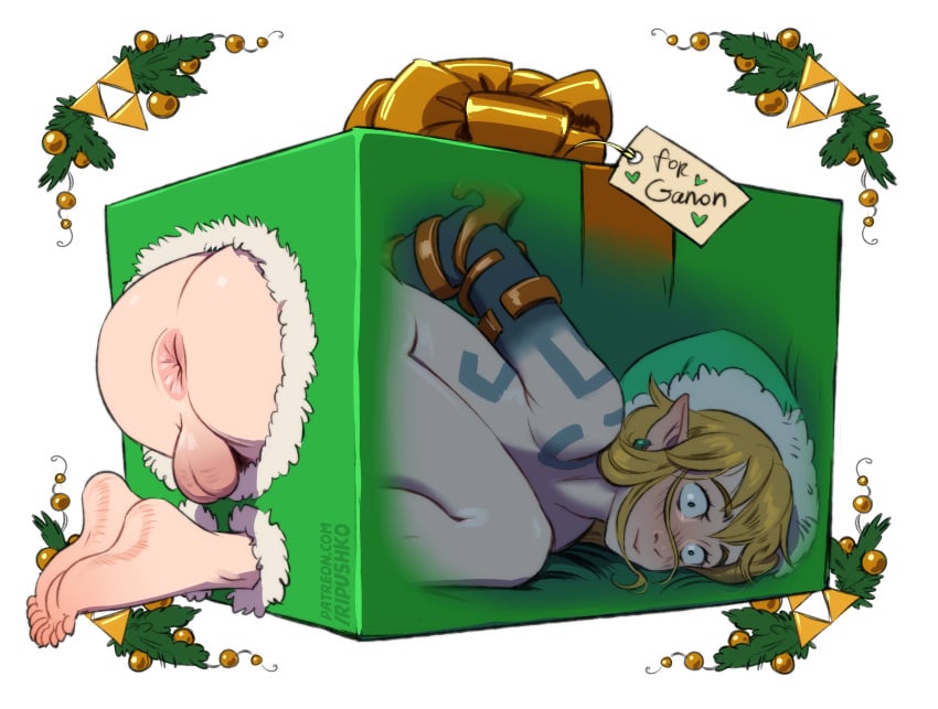 1boy anus ass blonde_hair christmas christmas_outfit christmas_present feet femboy gay light-skinned_male link living_gift male ripushko sex_box tattoo tears_of_the_kingdom the_legend_of_zelda through_wall triforce uncensored yaoi