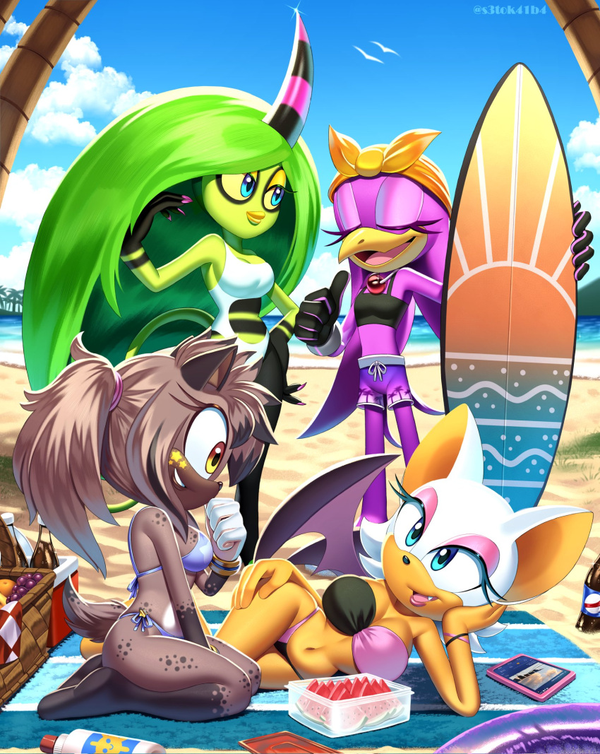 2d 2d_(artwork) 4girls anthro avian bat beach beach_towel belly_button big_breasts bikini bikini_top bird blue_eyes bracelet break brown_fur females_only furry furry_only gloves green_hair green_skin hair_tied_back high_quality humanoid mammal mobian_(species) oc oc_x_canon one-piece_swimsuit original_character painted_nails picnic ponytail purple_feathers purple_fur rouge_the_bat sand sand_dune seaside sega small_breasts smile soft_drink sonic_(series) sonic_adventure_2 sonic_lost_world sonic_riders sonic_the_hedgehog_(series) spotted_hyena suncream sunscreen surfboard swallow_(bird) swimming_trunks swimsuit tablet tail thick_thighs very_long_hair watermelon wave_the_swallow white_fur yellow_eyes zee_the_hyena zeena zeti zeti_(species)