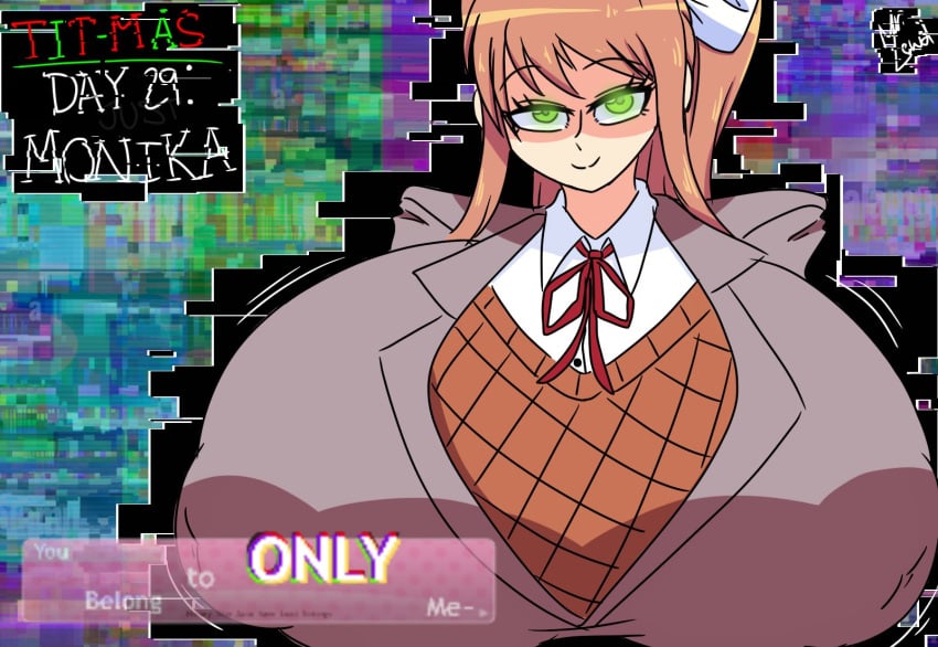 1girls 2023 clothed doki_doki_literature_club female female_focus female_only fourth_wall fourth_wall_broken glowing_eyes huge_breasts monika_(doki_doki_literature_club) mr.lewd nipples_visible_through_clothing smile tit-mas_(mr.lewd)