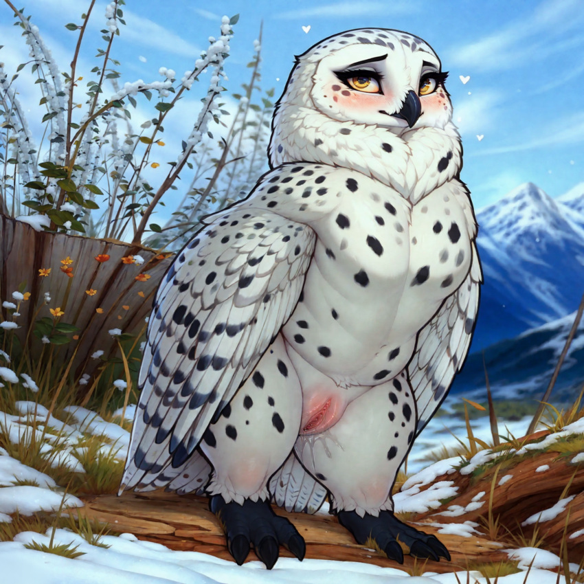 1:1 ai_generated avian beak bird black_beak bubo_(genus) colored detailed detailed_background feathers female feral feral_only genitals hi_res incorrect_anatomy lungfish1223 owl pussy snow snowy_owl solo solo_feral spots spotted_body true_owl white_body white_feathers yellow_eyes