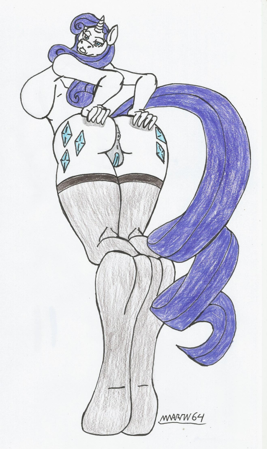 anthro big_ass big_breasts big_butt blue_eyes blue_hair blue_pussy dat_ass furry grabbing_own_ass hasbro looking_at_viewer looking_back looking_pleasured marlon64 my_little_pony my_little_pony_friendship_is_magic naked_female naked_stockings rarity_(mlp) showing_ass solo thick_ass traditional_drawing_(artwork) unicorn white_background white_body white_fur