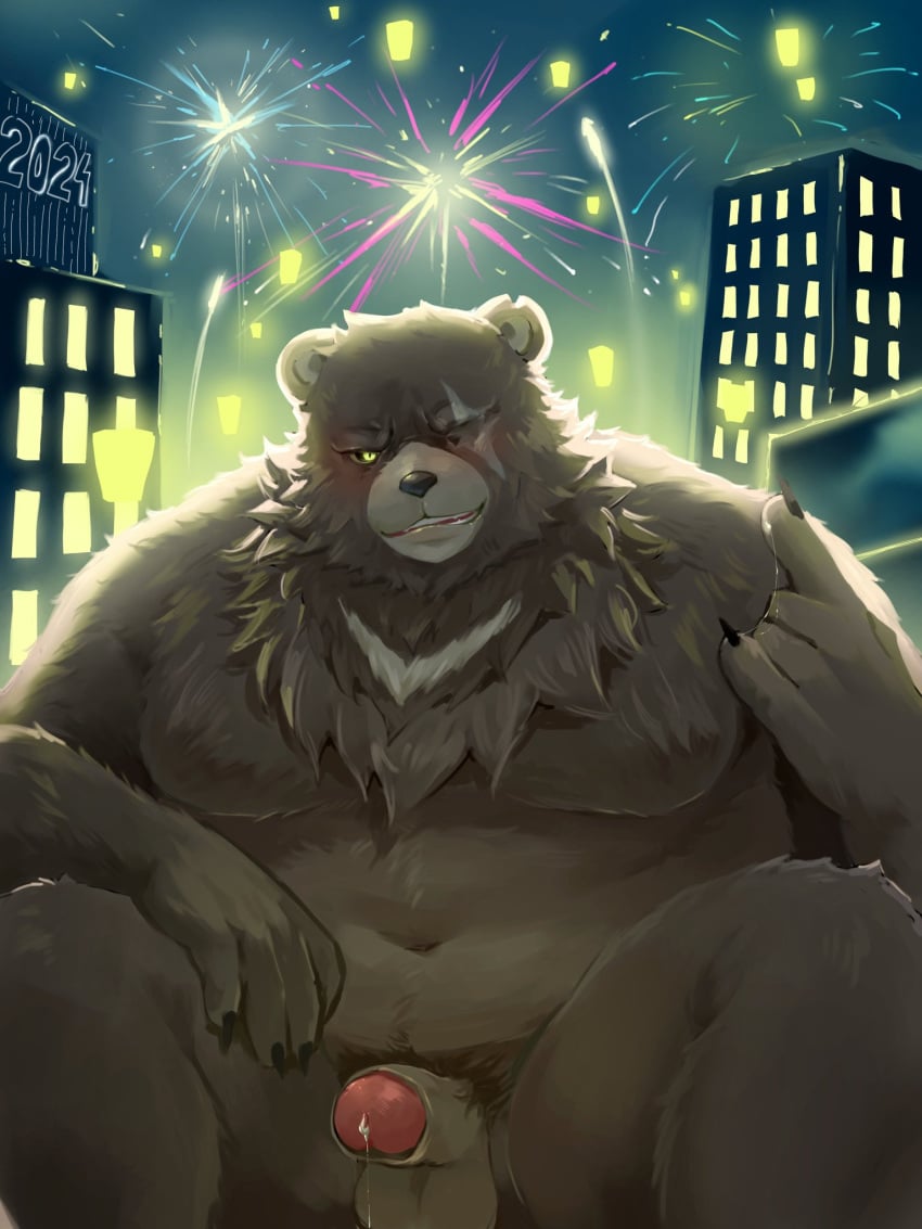 2024 anthro balls bear belly ben_(zenless_zone_zero) ben_bigger big_belly blush colaoaoiacquy detailed_background fireworks genitals hi_res humanoid_hands kemono male male_only mammal mihoyo moobs navel night outside overweight overweight_male penis scar solo zenless_zone_zero