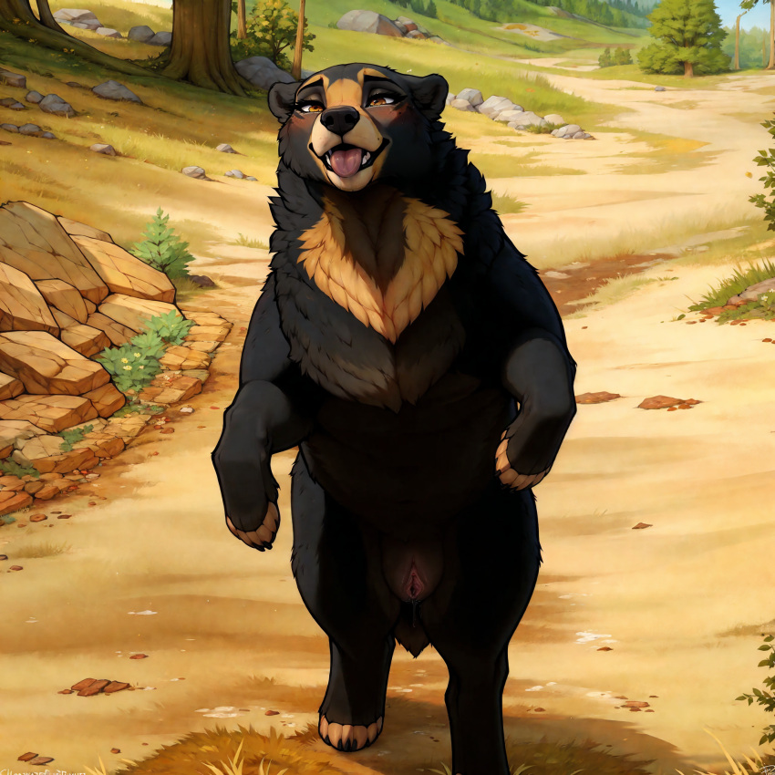 1:1 ai_generated black_body black_fur colored detailed detailed_background female feral front_pussy fur genitals hi_res lungfish1223 mammal orange_eyes pussy solo sun_bear tongue tongue_out ursid ursine zoophilia