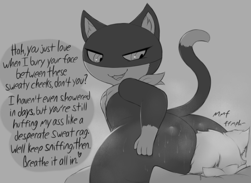 anthro ass atlus balls bedroom_eyes big_ass black_body black_fur bodily_fluids butt_smother clothing dirty_talk domestic_cat dominant english_text facesitting felid feline felis fur genitals half-closed_eyes hand_on_butt hand_on_chest hi_res kerchief kierus looking_back male male_only mammal markings mask megami_tensei megami_tensei_persona morgana_(persona) musk narrowed_eyes nude seductive sega simple_background sitting_on_another smelly smile smothering smug smug_face sniffing_request sweat sweaty_butt tail tail_markings teasing text tuxedo_cat uncensored white_body white_fur