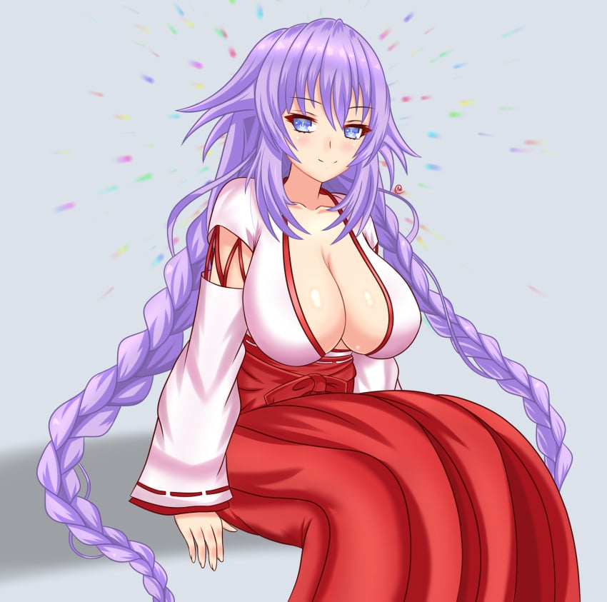 blue_eyes blush braid breasts cleavage commentary_request expirednepbull female hair_ornament hair_tubes hakama hakama_skirt highres japanese_clothes large_breasts long_hair looking_at_viewer miko neptunia_(series) power_symbol purple_hair purple_heart_(neptunia) red_hakama ribbon-trimmed_sleeves ribbon_trim skirt solo symbol-shaped_pupils twin_braids very_long_hair wide_sleeves