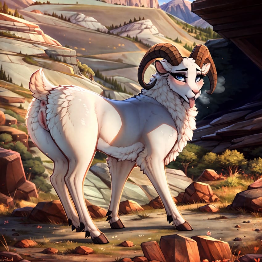 1:1 ai_generated anus blue_eyes bovid bovid_horn caprine caprine_horn colored dall_sheep detailed detailed_background female feral feral_only fur genitals hi_res horn looking_at_viewer lungfish1223 mammal presenting pussy raised_tail ram_horn sheep solo solo_feral tongue tongue_out white_body white_fur