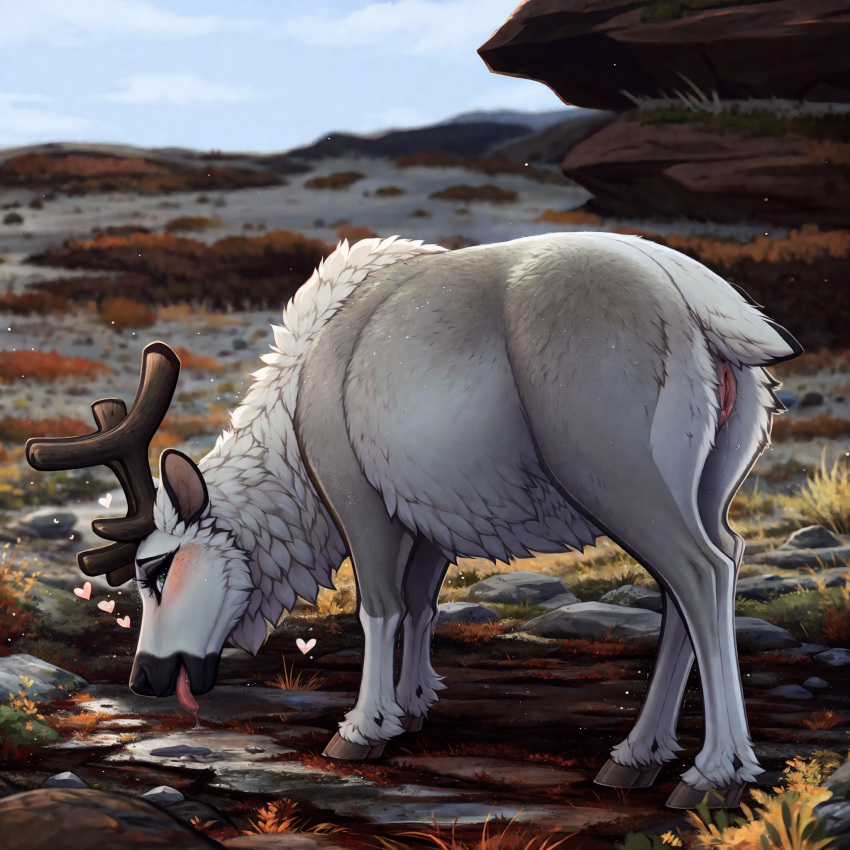 1:1 ai_generated antlers capreoline cervid colored detailed detailed_background female feral feral_only fur genitals green_eyes hi_res horn lungfish1223 mammal presenting pussy raised_tail reindeer solo solo_feral svalbard_reindeer tongue tongue_out white_body white_fur