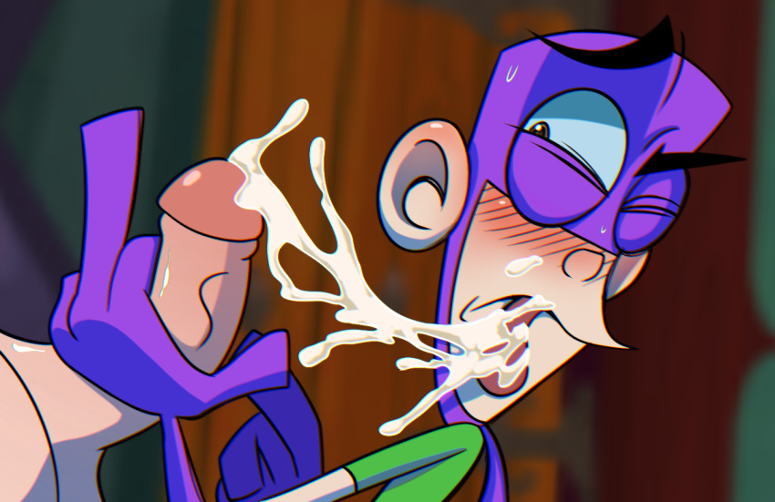 2013 blowjob chum_chum cum cum_on_face cum_on_tongue fanboy_(character) fanboy_and_chum_chum gay gay_blowjob gloves male_only middle_finger nickelodeon nicktoons purple_costume superhero surprise tasting_cum toony yaoi