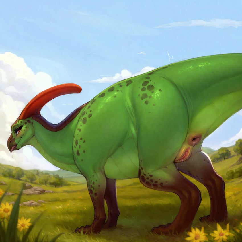 1:1 ai_generated anus beak bodily_fluids colored detailed detailed_background dinosaur dripping_pussy female feral genital_fluids genitals green_body green_scales hadrosaurid head_crest hi_res lungfish1223 ornithischian parasaurolophus presenting pussy pussy_juice raised_tail red_eyes reptile scales scalie solo spots spotted_body tongue tongue_out