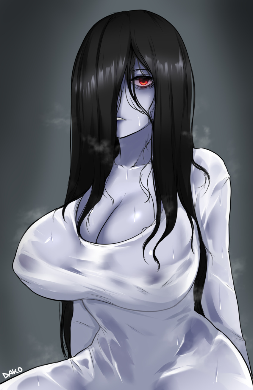 1girls big_breasts black_hair breasts dako dakosito eye_contact female female_focus female_only ghost hair_over_one_eye huge_breasts long_hair looking_at_viewer red_eyes solo the_ring upper_body voluptuous wet_clothes yamamura_sadako