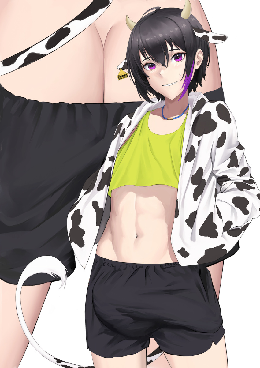 1boy abs balls black_hair bulge clothed clothing cow_boy cow_ears cow_print femboy flaccid fully_clothed girly horn horns huge_balls huge_cock huge_penis huge_testicles human humanoid humanoid_penis hung_trap kemonomimi light-skinned_male light_skin male male_only misago_(artist) penis penis_under_clothes purple_eyes short_hair skinny solo standing twink