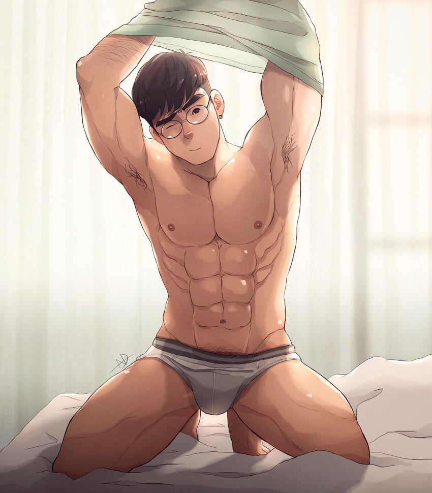 glasses male_only muscles muscular muscular_male nerdyart sinseong_(nerdyart) solo solo_male taking_clothes_off twitter_user_oc underwear wink