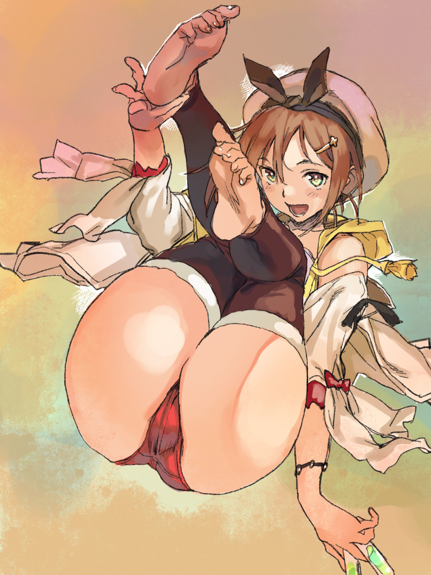 absurdres ass atelier_(series) atelier_ryza barefoot belt breasts brown_eyes brown_hair feet female flask gloves hair_ornament hairclip hat highres huge_ass jewelry looking_at_viewer necklace red_shorts reisalin_stout round-bottom_flask sameda_koban short_shorts shorts single_glove smile soles solo thighhighs thighs toes