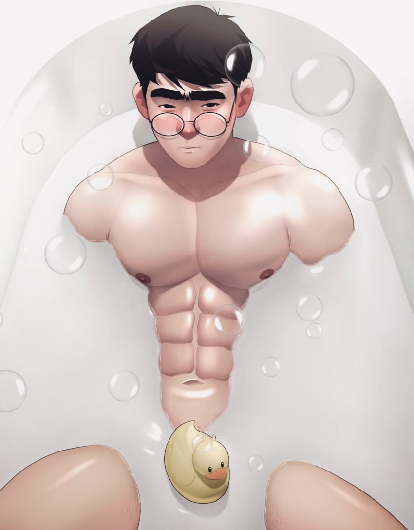 bath bathtub covered glasses male_only muscles muscular muscular_male nerdyart rubber_duck sinseong_(nerdyart) twitter_user_oc