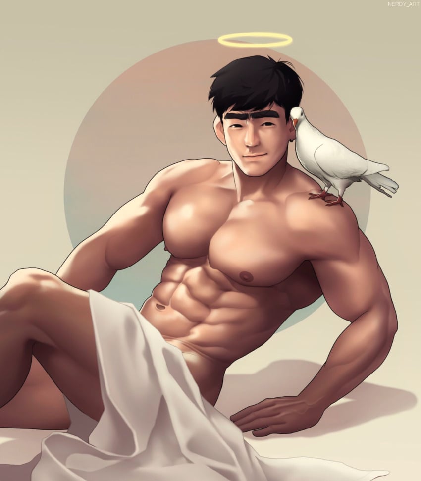 covered dove muscles muscular muscular_male nerdyart sinseong_(nerdyart) twitter_user_oc