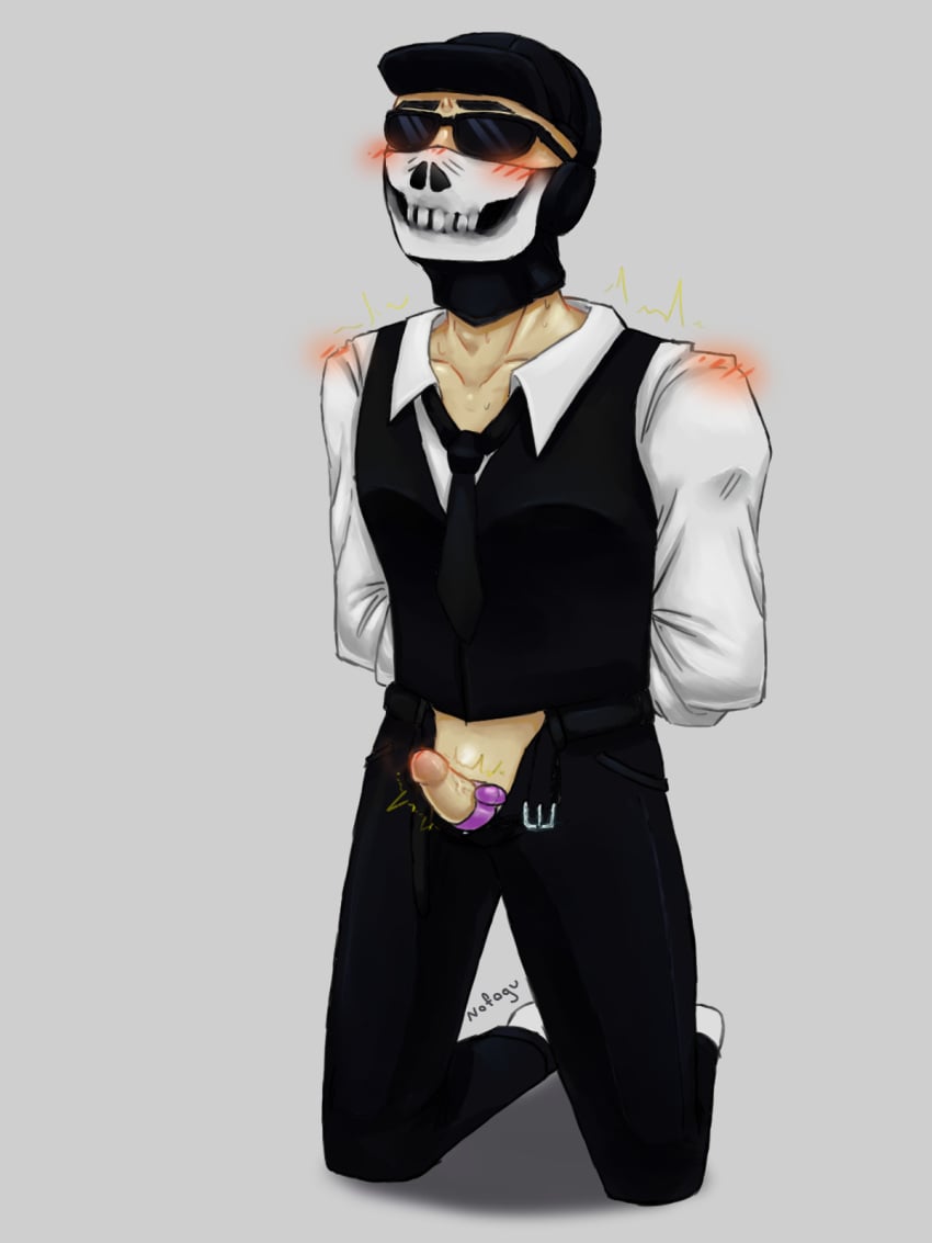 belt blush hands_behind_back head_up kneeling male male_focus male_only mask masked no_face nofogu shadman_(character) shake shaking skull solo sweat tied uniform vibrator