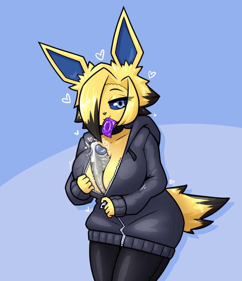 1futa anthro autopaizuri autopaizuri_under_clothes between_breasts big_penis black_hair blonde_hair blue_eyes bodily_fluids breast_play breasts cleavage clothed clothing condom condom_in_mouth cum cum_drip cum_on_penis diana_(hoodielazer) dripping eeveelution erection fur futanari genital_fluids genitals gynomorph hair heart hi_res hoodie huge_cock humanoid_genitalia humanoid_penis intersex jolteon leaning leaning_forward leggings legwear limebreaker looking_at_viewer masturbation motion_lines nintendo partially_clothed penis pokémon_(species) pokemon sexual_barrier_device shaded simple_background solo standing sweater throbbing_penis topwear video_games yellow_body yellow_fur