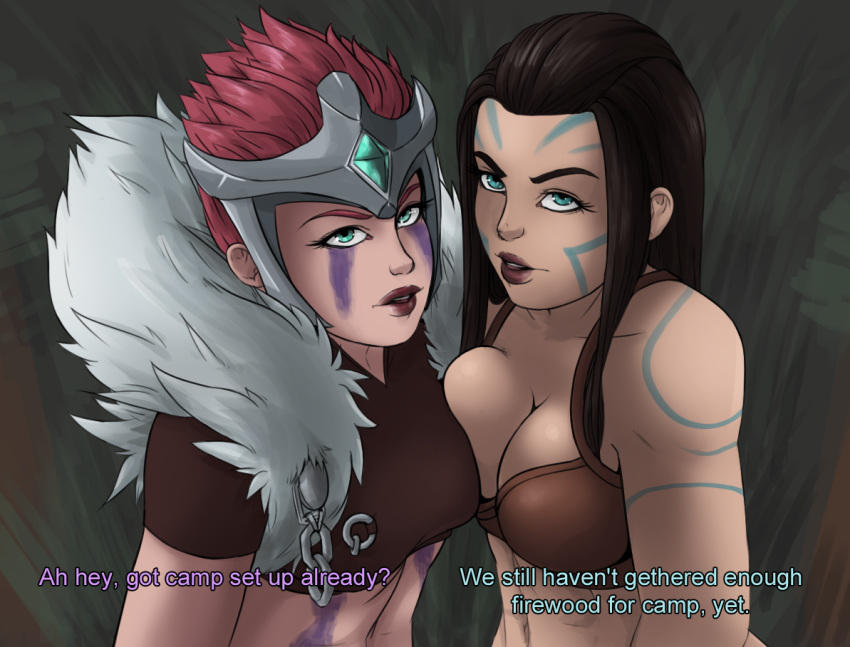 2girls ashe_(league_of_legends) blue_eyes bodypaint bra breasts brown_hair clothed clothing english_text female female_only league_of_legends light-skinned_female light_skin multiple_girls pink_hair quinn scarmiglione text woad_ashe woad_scout_quinn woad_tribe