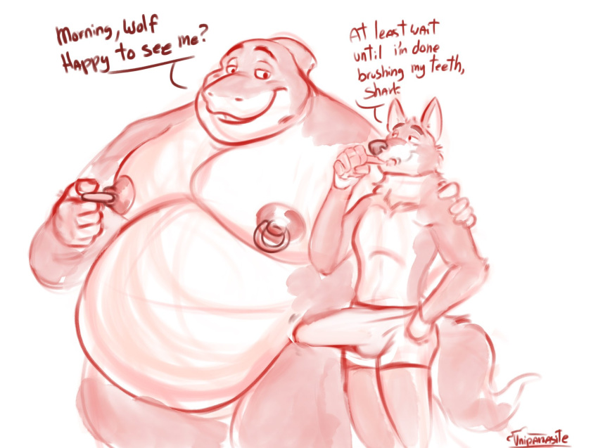 2022 anthro belly big_belly brush brushing brushing_teeth bulge canid canine canis clothed clothing dreamworks duo erect erection_under_clothing fish genital_outline hi_res humanoid_hands male male/male mammal marine moobs mr._shark_(the_bad_guys) mr._wolf_(the_bad_guys) nipples obese obese_male overweight overweight_male penis_outline shark sketch the_bad_guys uniparasite wolf