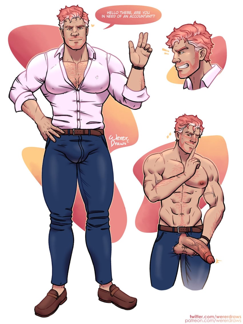 balls big_penis boner bulge character_profile christopher_(wererdraws) concept_art dialogue dilf english_text erect_penis erection hairy hard_on huge_cock looking_at_viewer male male_only muscles muscular muscular_male penis_out pink_hair speech_bubble talking_to_viewer tight_clothing twitter_user_oc uncut veiny_penis wererdraws