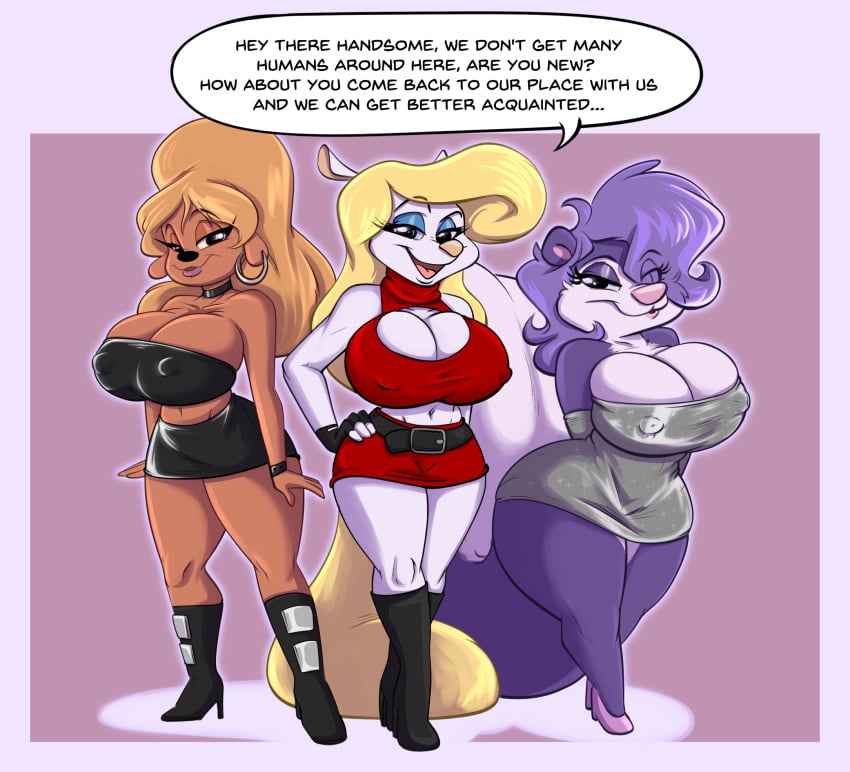 2017 3girls animaniacs anthro bedroom_eyes belt big_breasts big_tail black_nose blonde_hair boob_window boots bottomwear breasts canid canine canis choker cleavage cleavage_cutout clothed clothing crop_top curvaceous curvy curvy_body curvy_female curvy_figure dialogue digital_media_(artwork) disney domestic_dog dress ear_ring english_text eyelashes eyeshadow female fifi_la_fume fingerless_gloves footwear gloves goof_troop hair hand_on_hip hands_behind_back handwear hi_res high_heels huge_breasts joelasko lips lisa_(a_goofy_movie) long_hair long_tail looking_at_viewer makeup mammal mephitid midriff midriff_baring_shirt minerva_mink miniskirt mink multicolored_body multicolored_fur mustelid musteline narrowed_eyes nipple_outline purple_body purple_fur purple_hair seductive shoes simple_background simple_eyes skirt skunk smile talking_to_viewer tan_body tan_fur text thick_thighs tiny_toon_adventures tongue topwear trio true_musteline tube_top two_tone_body two_tone_fur voluptuous warner_brothers white_body white_fur wide_hips