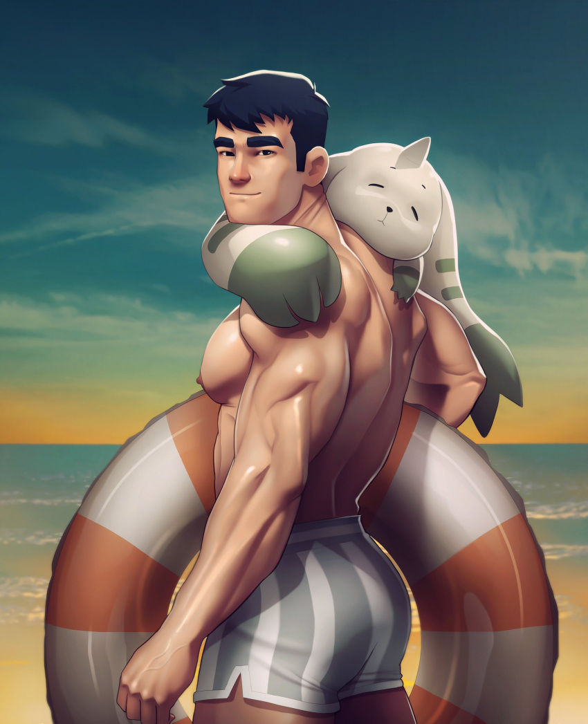 aged_up ass beach digimon digimon_(species) digimon_tamers henry_wong human lee_jianliang male muscles muscular muscular_male nerdyart outdoors outside swimsuit terriermon