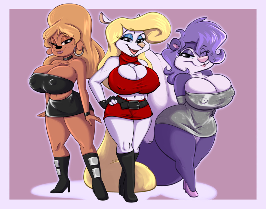 2017 3girls animaniacs anthro bedroom_eyes belt big_breasts black_nose blonde_hair boob_window boots border bottomwear breasts canid canine canis cleavage cleavage_cutout clothed clothing crop_top crossover curvaceous curvy curvy_body curvy_female curvy_figure digital_media_(artwork) disney domestic_dog dress ear_ring eyelashes eyeshadow female female_focus fifi_la_fume fingerless_gloves footwear gloves goof_troop hair hand_on_hip hands_behind_back handwear high_heels huge_breasts joelasko lisa_(a_goofy_movie) long_hair looking_at_viewer makeup mammal mephitid midriff midriff_baring_shirt minerva_mink miniskirt mink multicolored_body multicolored_fur mustelid musteline narrowed_eyes nipple_outline pink_nose purple_body purple_fur purple_hair seductive shoes simple_background simple_eyes skirt skunk tan_body tan_fur thick_thighs tiny_toon_adventures translucent translucent_hair trio true_musteline tube_top two_tone_body two_tone_fur warner_brothers white_body white_border white_fur wide_hips