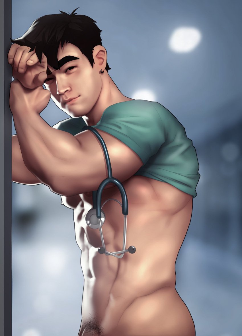 asian asian_male doctor east_asian east_asian_male male male_only muscles muscular muscular_male nerdyart shirt_lift sinseong_(nerdyart) teasing teasing_viewer twitter_user_oc