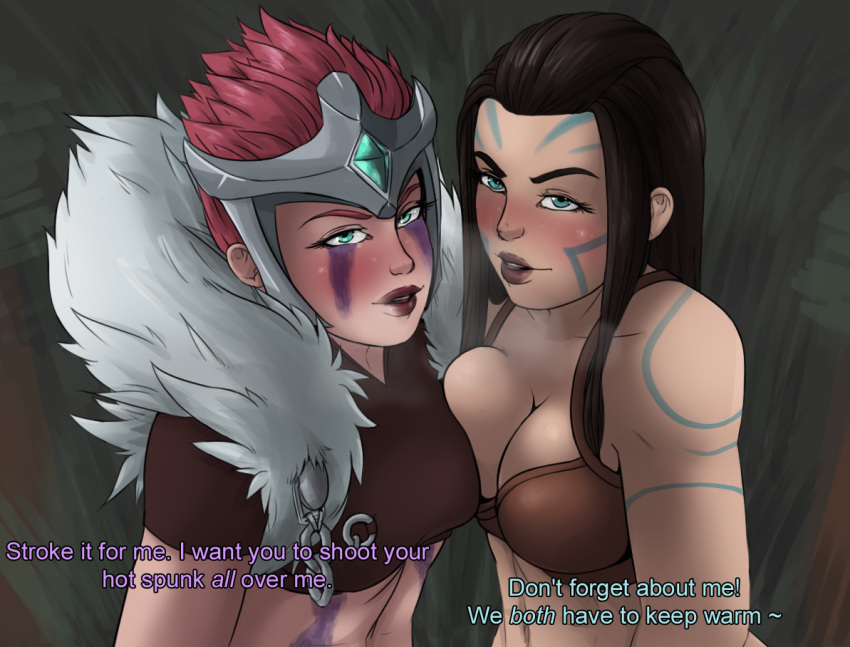 2girls ashe_(league_of_legends) blue_eyes blush bodypaint bra breasts brown_hair clothed clothing english_text female female_only league_of_legends light-skinned_female light_skin multiple_girls pink_hair quinn scarmiglione text woad_ashe woad_scout_quinn woad_tribe