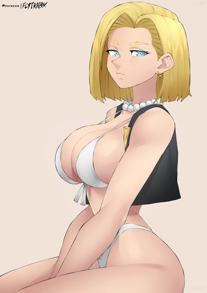 1girls 2022 android_18 artist_signature bikini blonde_hair blue_eyes breasts dragon_ball dragon_ball_z earrings female female_only flytrapxx hips huge_breasts jewelry looking_at_viewer pearl_necklace short_hair simple_background sleeveless slim_waist solo straight_face thick_thighs thighs vest white_bikini wide_hips