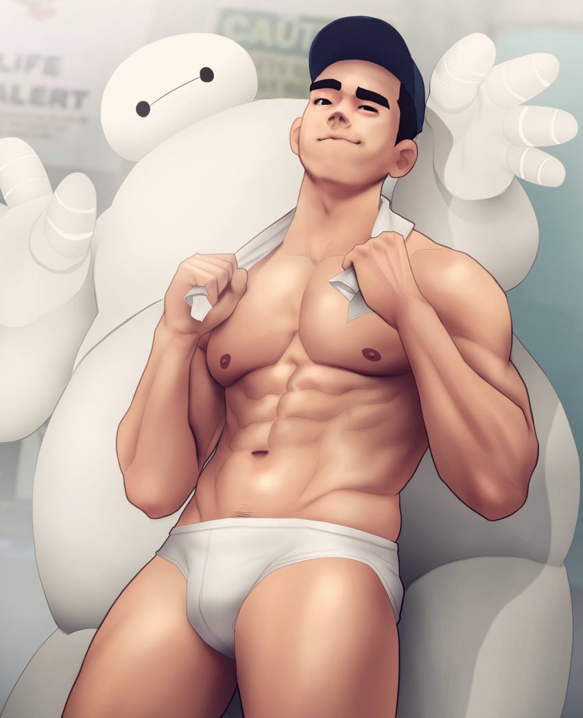 1boy baymax big_hero_6 bulge disney male male_only marvel muscles muscular muscular_male nerdyart solo tadashi_hamada underwear white_underwear winking winking_at_viewer