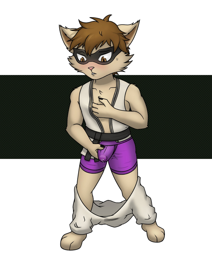 1boy anthro belt black_belt blush blushing brown_eyes brown_hair bulge clothed cute fur furry furry_only half-dressed half_naked hand_on_chest karate karate_gi karate_kennen kennen league_of_legends leaking leaking_precum looking_down male male_only mask ninja pants_down pink_nose purple_boxers riot_games smaller_male solo solo_anthro solo_focus thunderlewd yordle yordle_only