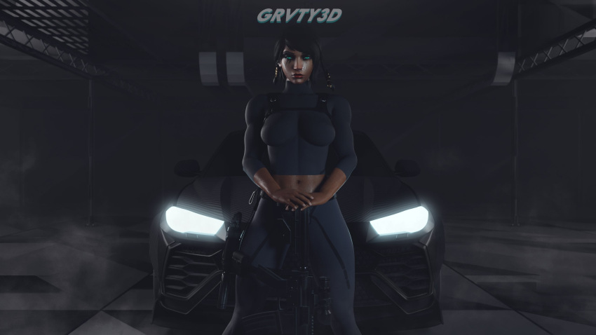 1girls 3d athletic blizzard_entertainment car dark-skinned_female dark_skin egyptian egyptian_female fareeha_amari female female_only female_protagonist fit fit_female grvty3d gun human overwatch pharah posing posing_with_weapon soldier solo suppressor tattoo vehicle weapon