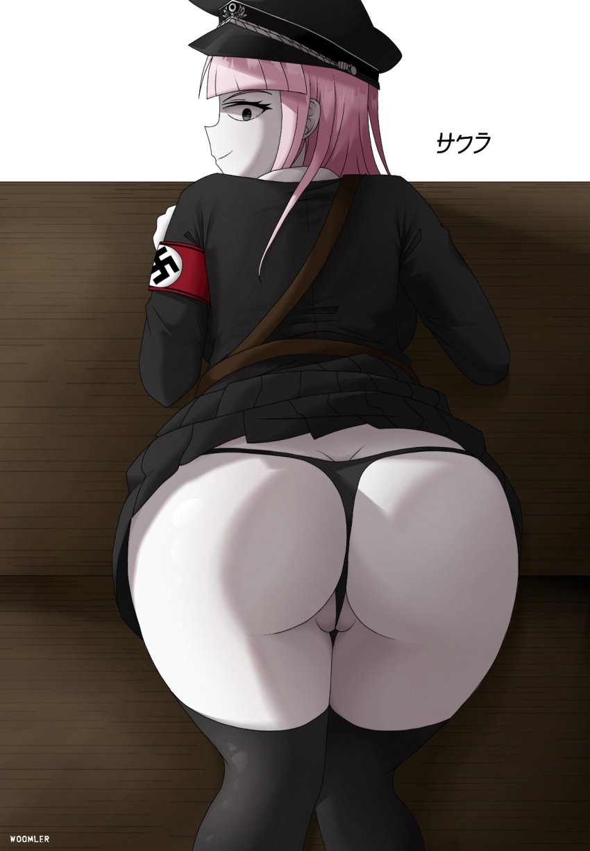 1girls ass ass_focus big_ass black_panties black_thong blossom_hope female grey_eyes hat looking_at_viewer military_uniform nazi pink_hair presenting_ass sakura_kawakami skirt skirt_lift smile stockings table thong watermark white_background white_skin woomler