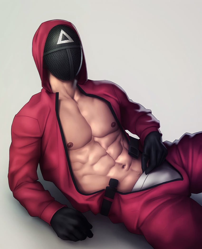 bulge male_only muscles muscular muscular_male nerdyart open_shirt pink_guard soldier_(squid_game) squid_game triangle_(squid_game) underwear