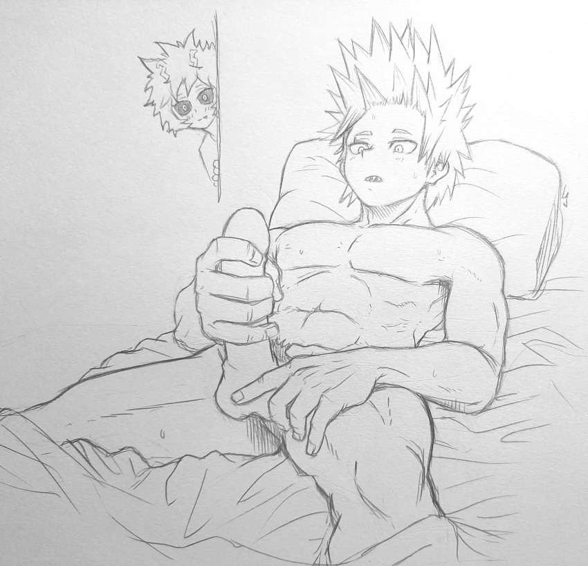 1boy 1girls being_watched black_sclera eijirou_kirishima female_watching hand_on_penis horns james_ls lying_on_bed male masturbating masturbation mina_ashido my_hero_academia on_bed peaking peeping_tom penis_in_hand self_pleasure sneaking sneaky spiky_hair unaware watching watching_masturbation