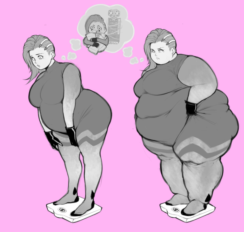 1girls ass bbw belly big_ass big_belly big_breasts breasts dark-skinned_female dark_skin fat fat_ass female latina obese overwatch overweight pewbutt solo_female sombra ssbbw thick_thighs thighs weight_gain