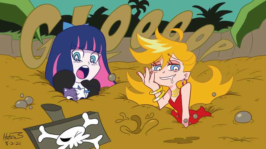 2girls female hefess mud pale_skin panty_&_stocking_with_garterbelt panty_anarchy quicksand sinking stocking_anarchy tagme