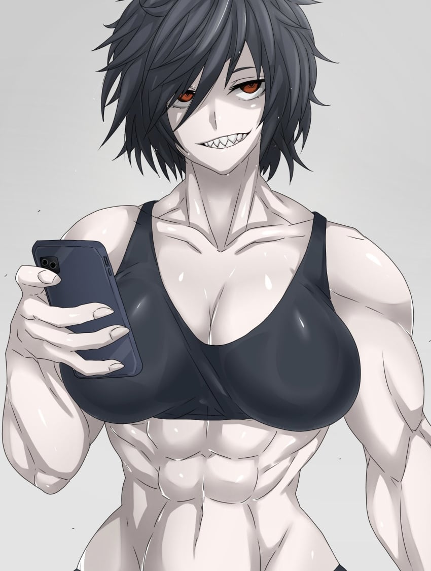 1girls abs black_hair breasts holding_phone light-skinned_female looking_at_viewer muscular_female original sharp_teeth smile workout_clothes zokusuke