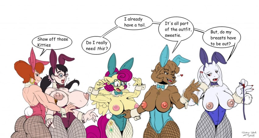 2018 anthro anthrofied ass assisted_exposure bear berenstain_bears big_breasts black_hair bouncing_breasts bow_tie breasts brown_fur brown_hair bunny_costume caprine cattleya clothed clothing costume crossover cutie_mark dialogue disney ear_piercing english_text equine exposed_breasts eyewear fake_ears fake_rabbit_ears fake_tail female fishnet fishnet_legwear friendship_is_magic fur glasses goat goof_troop group hair heart human legwear long_hair mama_bear mama_bear_(the_berenstain_bears) mammal my_little_pony nipples one_eye_closed open_mouth peg_pete pegasus piercing ponytail posey_shy_(mlp) purple_hair queen's_blade rear_view savageshark shirt_collar shirt_cuffs short_hair stockings surprise text topless toriel undertale video_games white_background wings wink