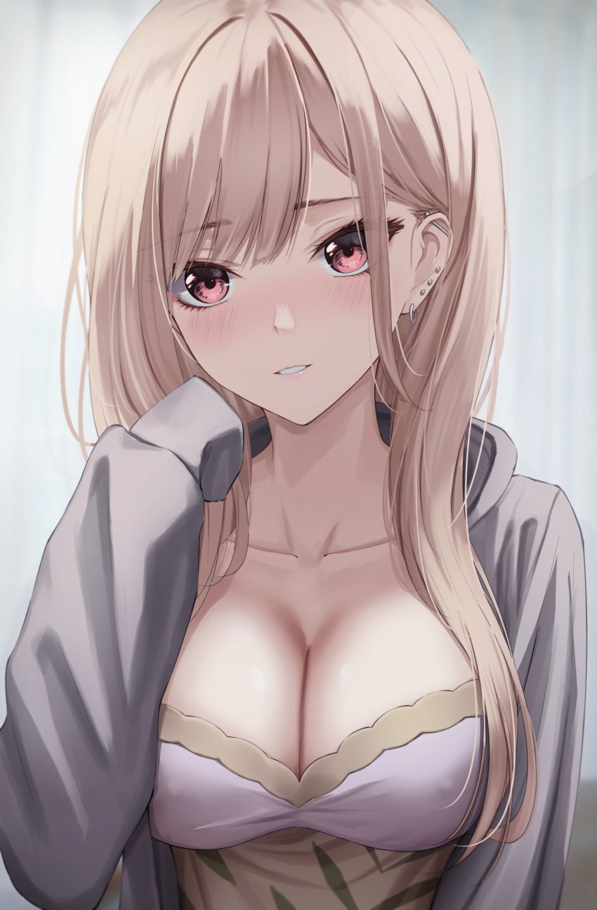 blonde_hair blush blushing_at_viewer breasts cleavage close-up ear_piercing eyebrows_visible_through_hair female female female_only hair_between_eyes hair_over_breasts hair_over_one_eye half_body hoodie kitagawa_marin large_breasts looking_at_viewer marinesnow red_eyes smile solo solo_female sono_bisque_doll_wa_koi_wo_suru teeth