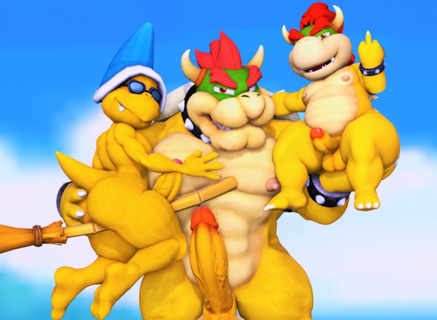 3boys 3d 3d_(artwork) anthro anthro_only balls ballsack bara bowser bowser_jr. completely_nude completely_nude_male dr.ivopingasnik erect_nipples erect_penis erection flipping_off flipping_viewer_off gay holding holding_partner kamek looking_at_viewer male male/male male_focus male_nipples male_only mario_(series) middle_finger muscular muscular_anthro muscular_male nipples nude nude_male sfm source_filmmaker veiny_penis