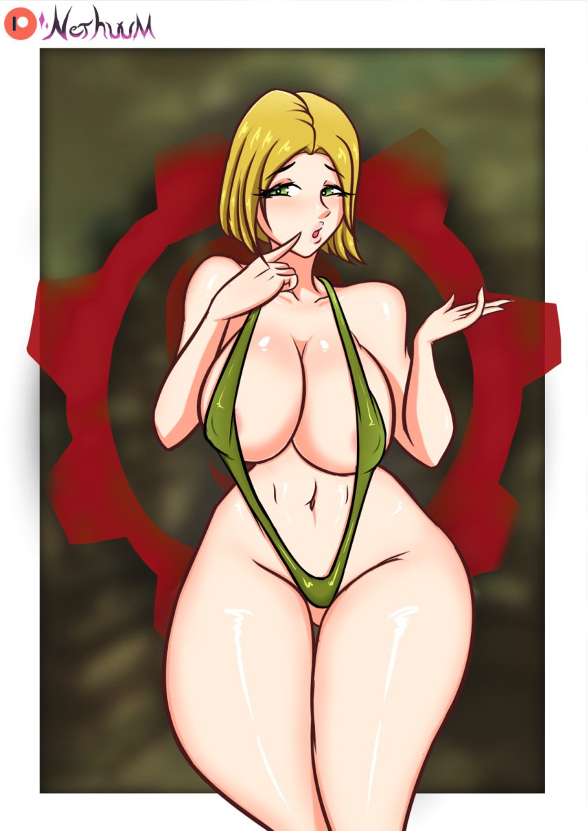 1girls anya_stroud big_breasts blonde_hair blonde_hair breasts breasts curvaceous curvy fanart female gears_of_war gears_of_war_3 gears_of_war_4 gears_of_war_5 huge_breasts nethuum solo solo_female swimsuit thick_thighs voluptuous wide_hips